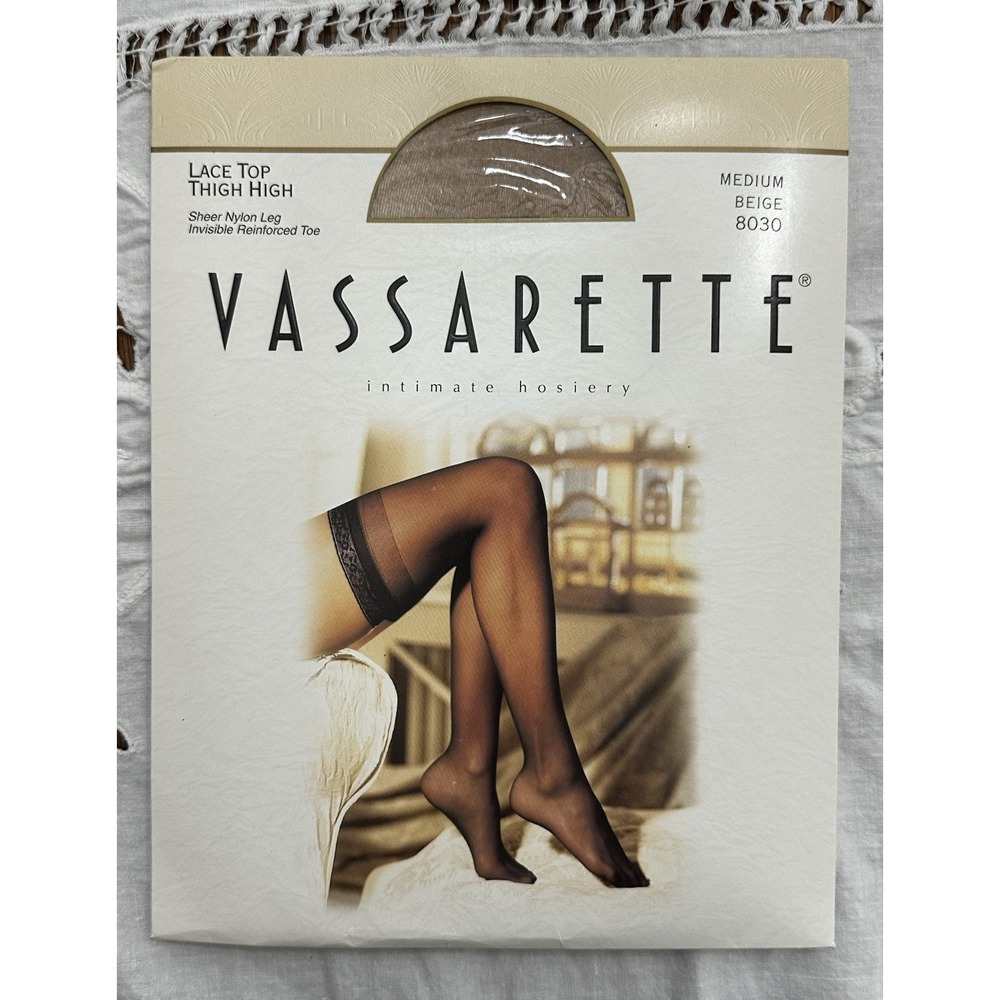 Vassarette Lace Top Thigh High Sheer Nylon Hosiery Stockings Medium Beige